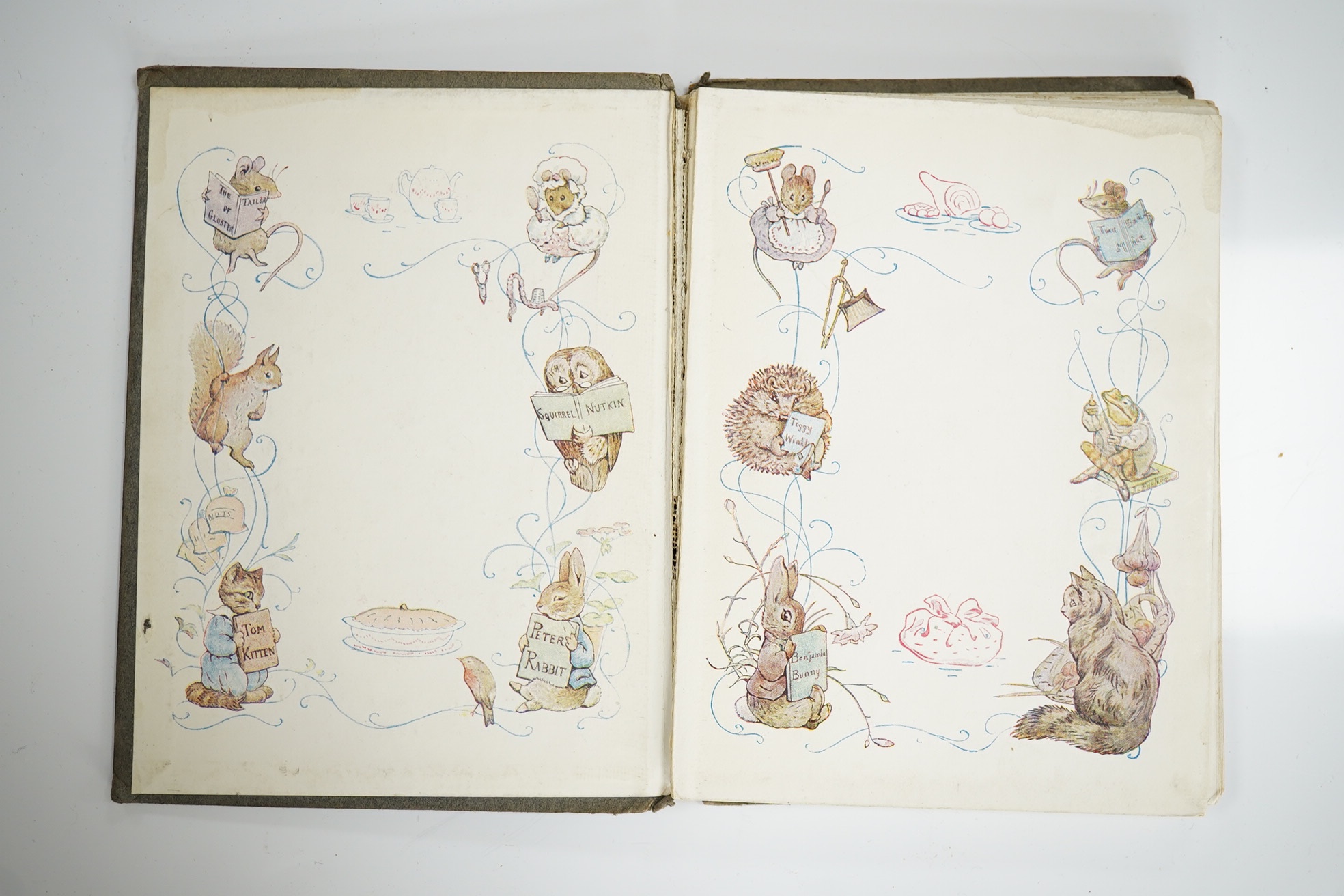 Potter, Beatrix - The Tale of Jemima Puddle-Duck. First Edition. title illus., frontis and 26 other coloured illus.; white lettered grey paperboards with a mounted coloured illus. on upper - having 'arrowhead' shaped cor